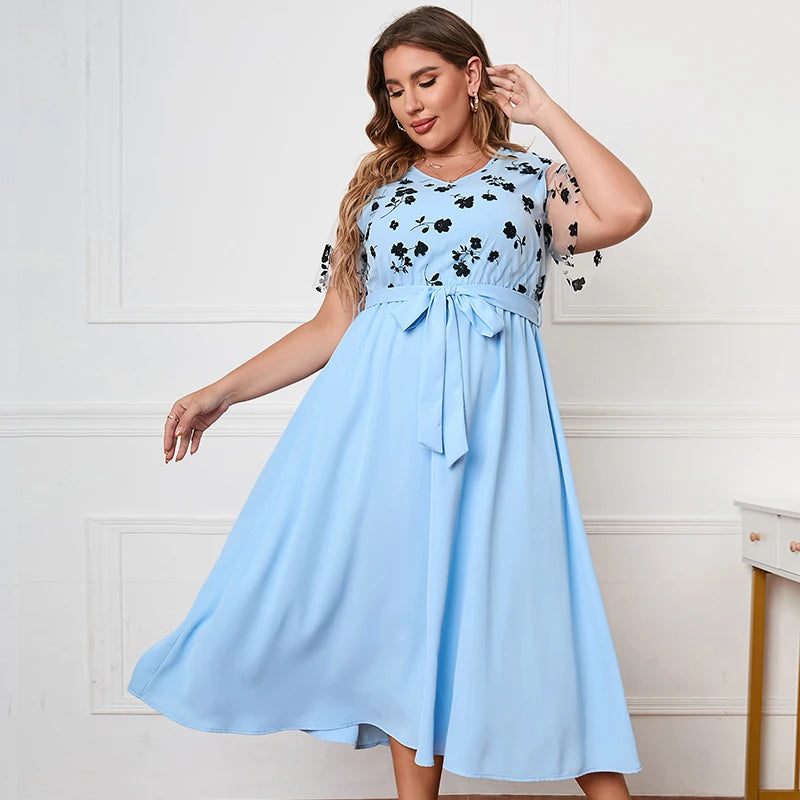 Della Mel Plus Size Women Clothing Lace Short Sleeve Long Dress Summer V-Neck Belt Blue Party Lady Big Size Maxi Dresses 3XL 4XL