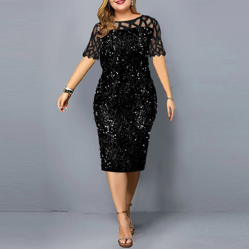 Big Size Clothing 2024 Summer Loose Short Sleeve Woman Dress Elegant Personalized Sequin Design Plus Size Dress Party Vestidos