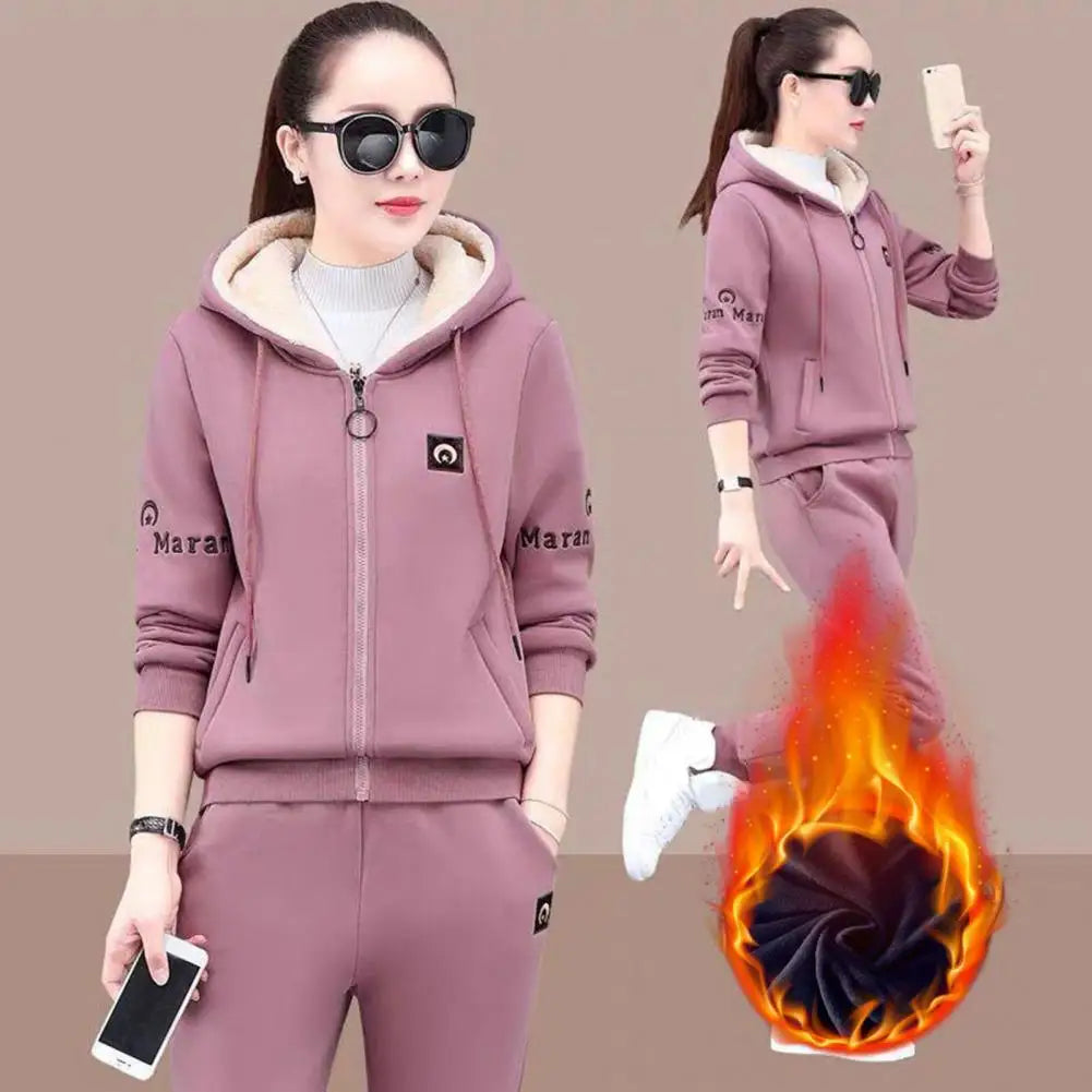 Winter New Plush Thickened 2 Piece Set Coat Top Hoodie Sweatpants Suit Elegant Women's Pants Set Outfits Tracksuit Outfits