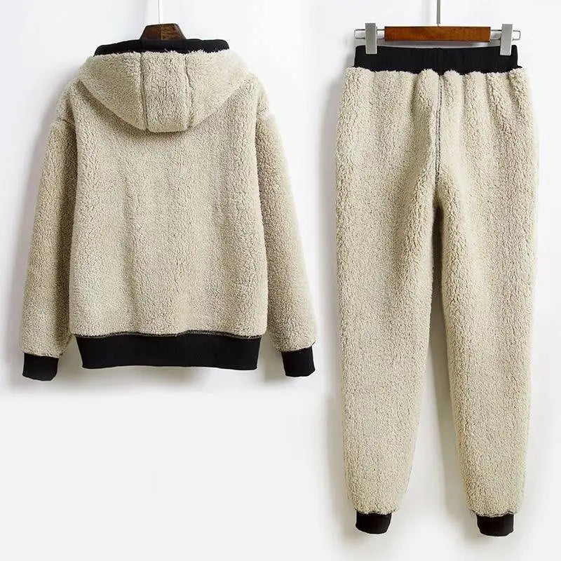 Thickened Lamb Fleece Hoodie Jacket Casual Wide Leg Pants Two Piece Elegant Women's Pants Set Student Winter Outfits