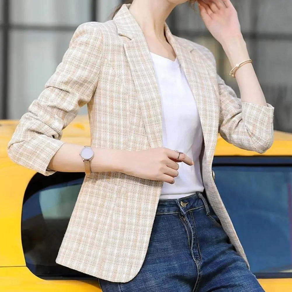 Vintage Plaid Print Women Blazer Turn-down Collar One Button Slim Fit Lady Spring Blazer Casual Blazer Women Suit Women Jackets