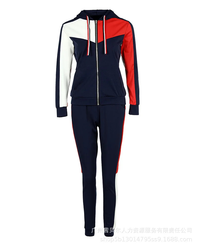 Women Two Piece Pant Sets Hooded Zipper Spliced Sweatshirts Full Sleeved Thick Pencil Pants Jogger Suits Ladies Winter