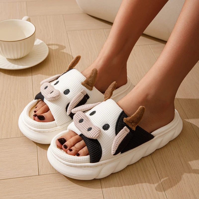 Cartoon Cow Unisex Linen Slippers Couple Spring Summer Slides Mule Men And Women Home Shoes Non-slip Flip Flops For Four Seasons