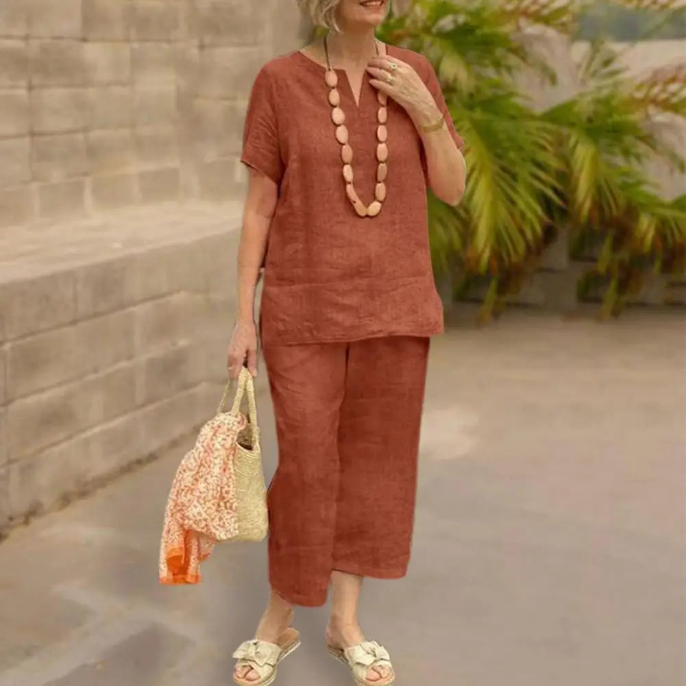 2Pcs/Set Women's Cotton Linen Summer Suit Casual Loose Fit Wide Leg Pants Solid Color Stylish Ladies Suit Summer Supply