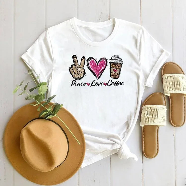 Coffee American Dress Women Print European Short-sleeved T-shirt Oversized T Shirt  Women Clothing  Harajuku  Tops