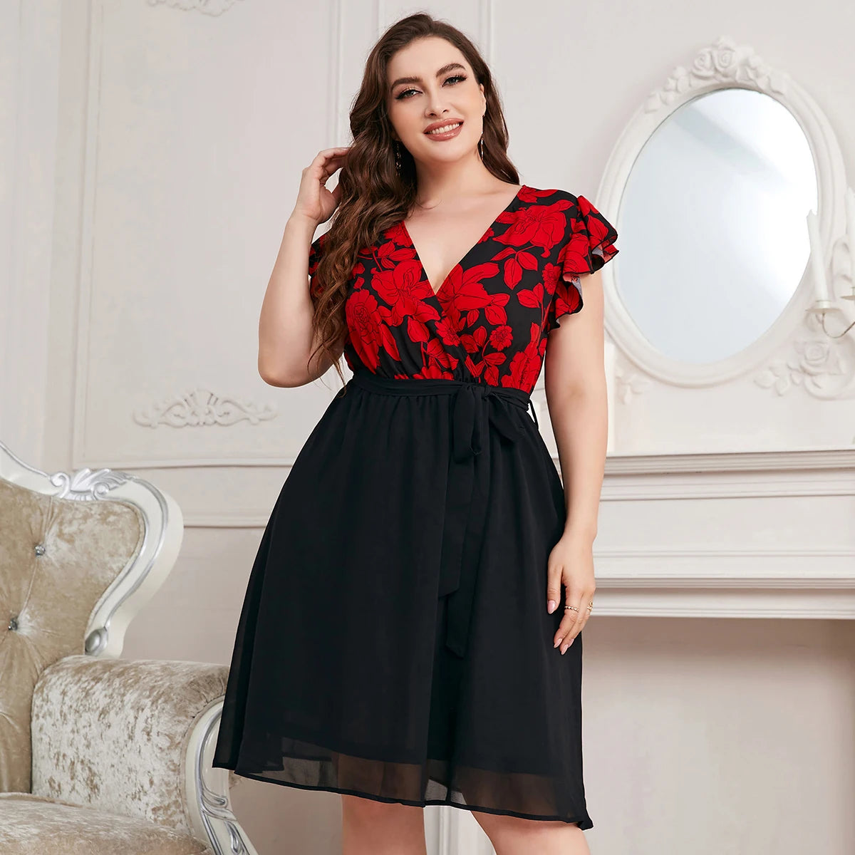 Della Mel Plus Size Fashion Women's Elegant Women Dresses For Women Clothing 2022 Summer Casual Print V Neck A-Line Short Dress