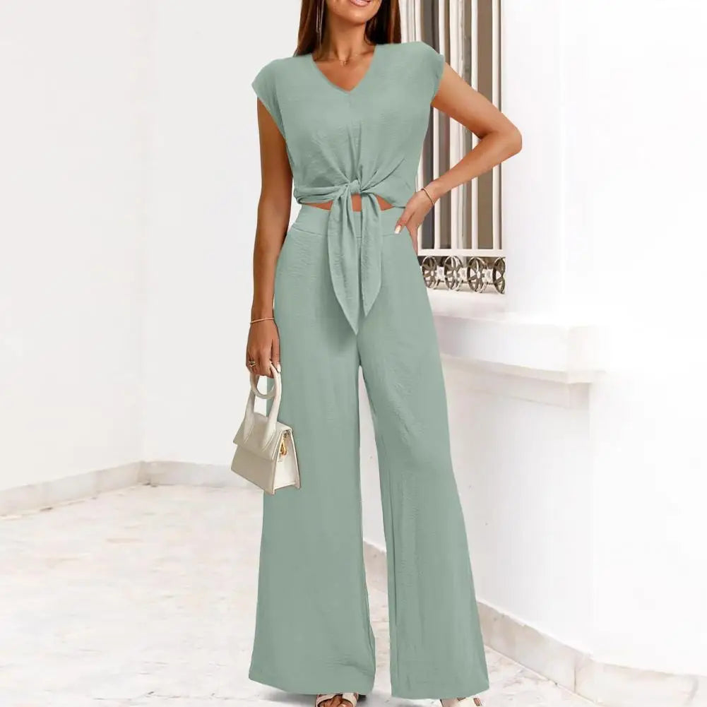 Women Top Pants Suit Elegant Lace-up Knot Women's Top Pants Set for Office Wear V Neck Short Sleeves Solid Color High for Women