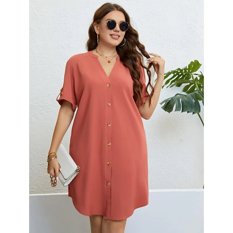 XL-4XL Plus Size Dresses Women Summer Clothing Solid Orange Short Sleeve V Neck Bra Extender Loose Sexy Beach Mini Shirt Dress