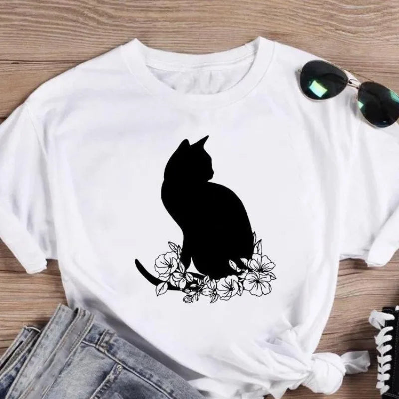 Cat Flower Ladies Printed European Dress Short Sleeve T-shirt Oversized T Shirt  Tops  Aesthetic  Women Clothing