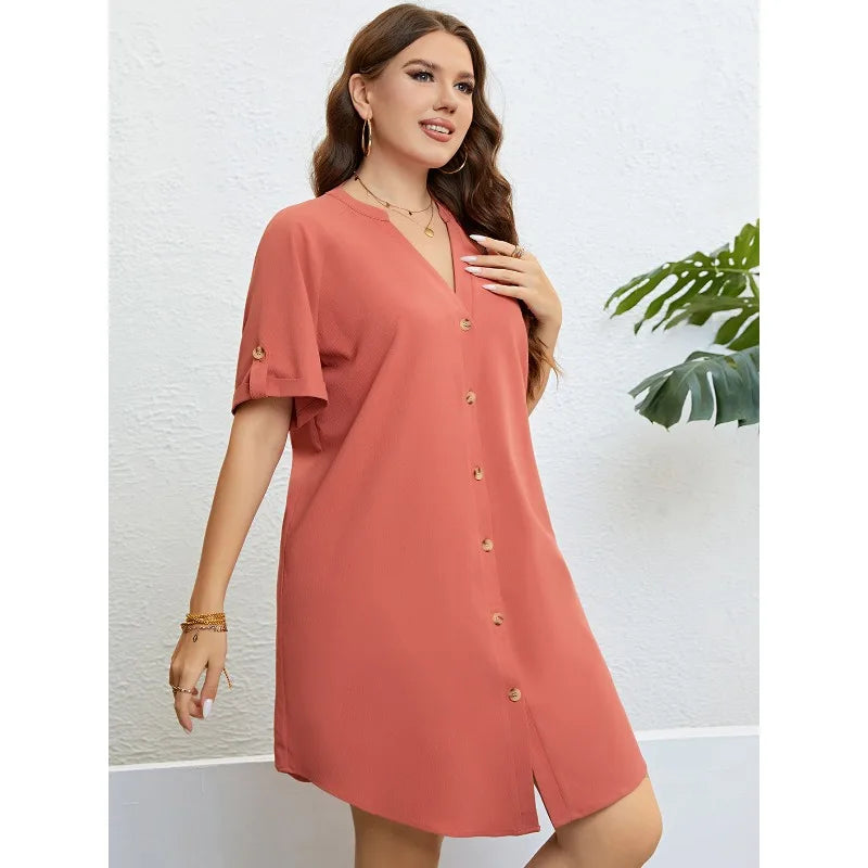 XL-4XL Plus Size Dresses Women Summer Clothing Solid Orange Short Sleeve V Neck Bra Extender Loose Sexy Beach Mini Shirt Dress