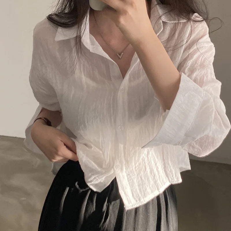 Trendy Shirt Blouse Simple Thin Pure Color Anti-UV Shirt Anti-fade Shirt Top Women Solid Color Sun Protection Shirt Streetwear