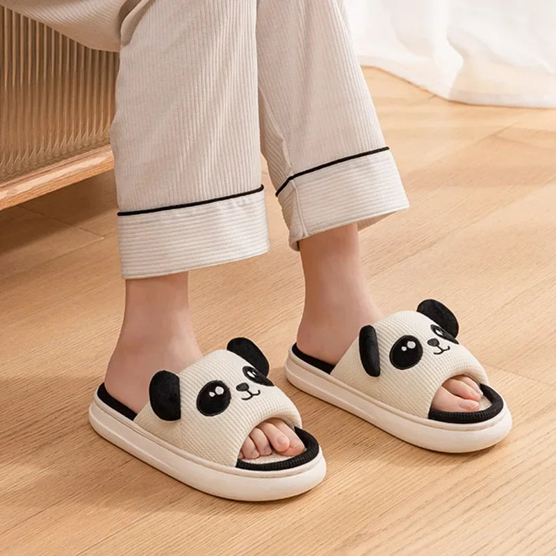 Cute Animal Slippers For Women Girls Kawaii Indoor Linen Slippers Woman Cartoon Milk Cow Panda Cat House Slipper Funny Shoes