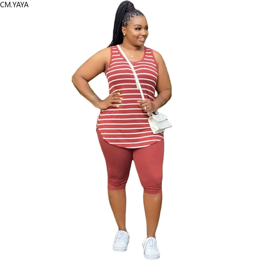 CM.YAYA Women Plus Size XL-5XL Sport two piece set Tracksuit Striped Tank Tops Knee Length jogger Suit Sweatpants Matching Set