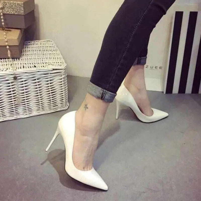 Woman Casual Pumps 8cm High Heels Office Ladies Pointed Toe Leather Thin Heeled Shoes Casual Career Solid Shoes Black