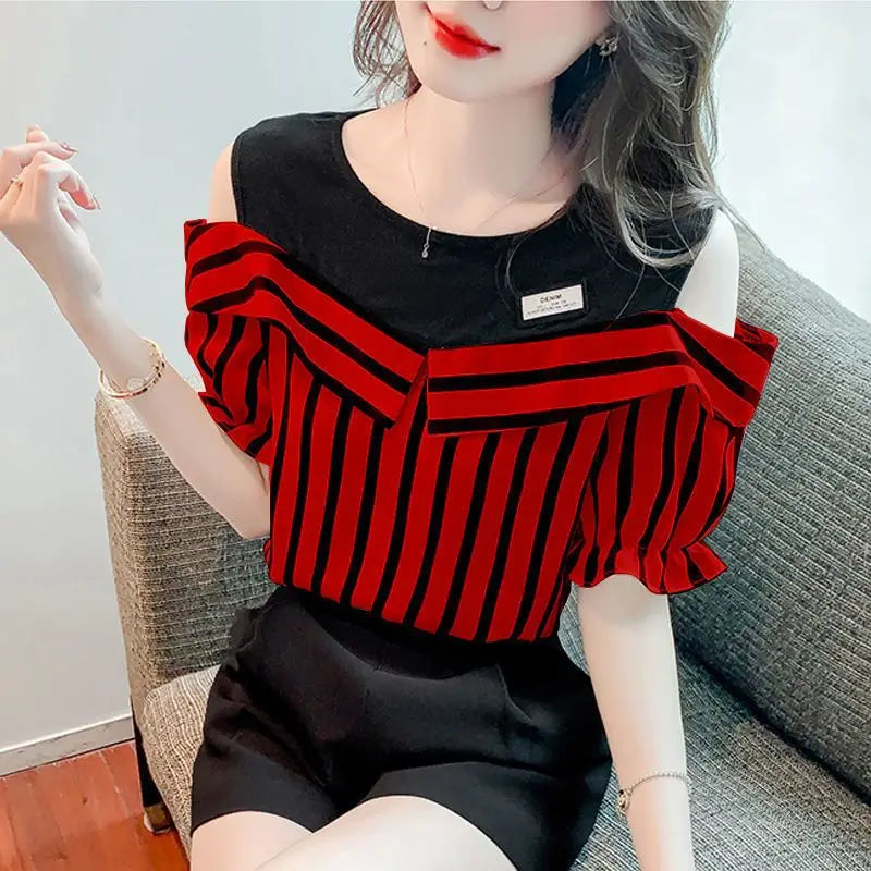 Women's Fashion Korean Striped Printed Off Shoulder Shirt Summer All-match Casual Two Piece Set Spliced Blouse Female Clothing