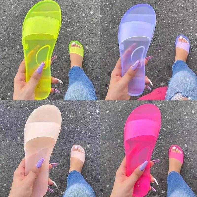 comemore 2021 Woman Sandals Sexy Summer Shoes Woman Slip on Fashion Slides Ladies Transparent Flats Shoes Flat Flip Flop Beach