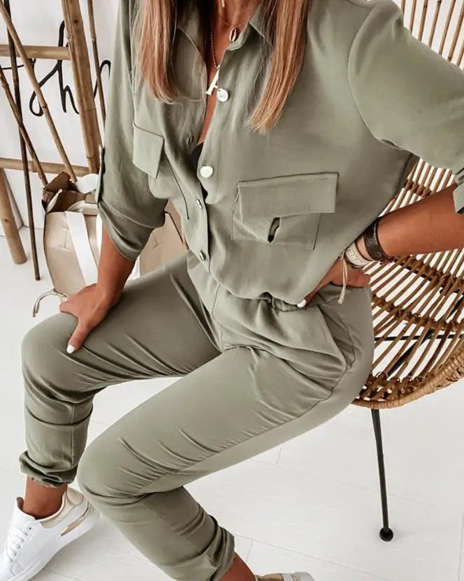 Women's Jumpsuit Sporty Street Casual Turn-Down Collar Daily Pocket Button Design Elastic Waist Jumpsuit for Women Streetwear