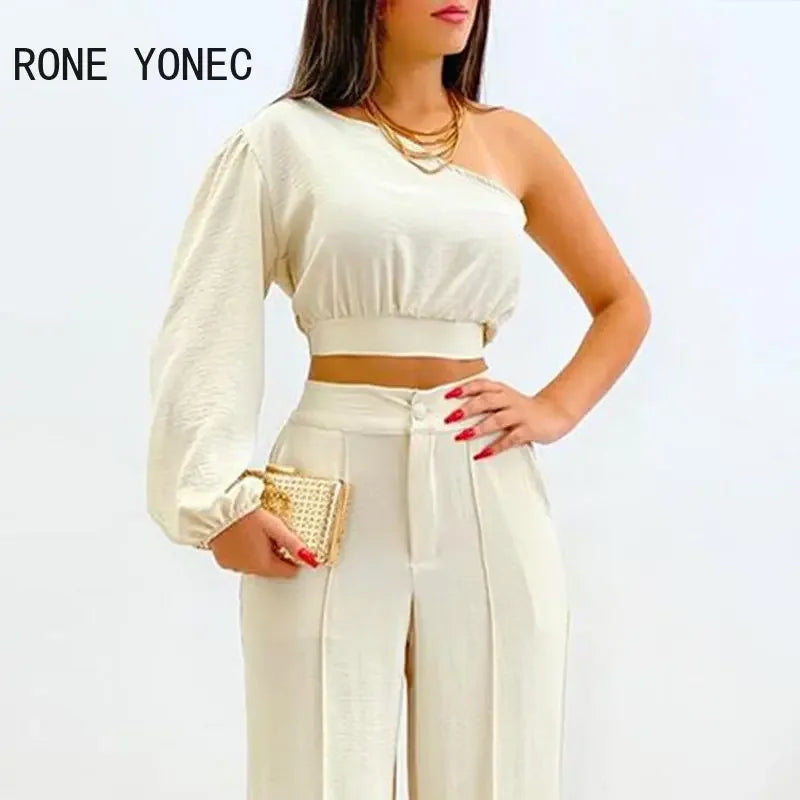 Women Fashion Chic Solid One Shoulder Lantern Sleeveless Crop Top Bright Line Decor Straight Pants Sets