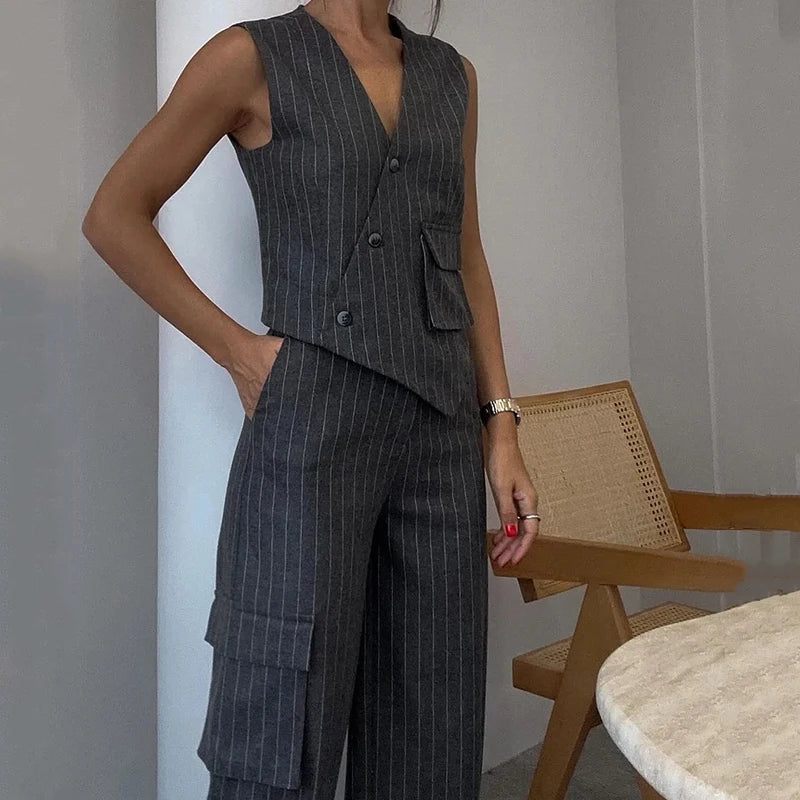 Wefads Office 2 Piece Set Women Elegant Sleeveless Striped Printed V Neck Irregular Single Breasted Vest Top Straight Pants Sets