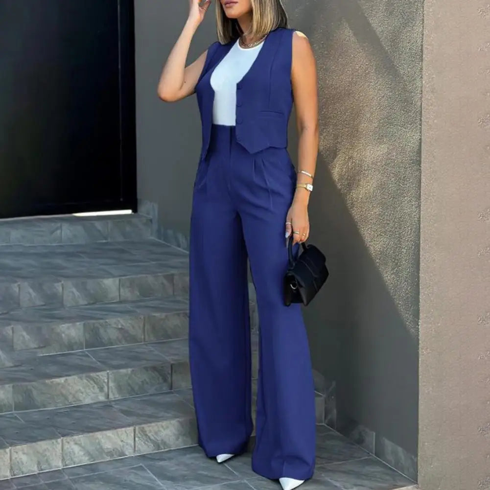 Two-piece Suit Elegant Lady Baggy Pants Set with Sleeveless Vest Solid Color High Waist Women's Wide Leg Pants Casual for A