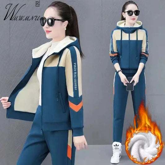 Casual Patchwork Plus Velvet Tracksuit Women Winter Zipper Sweatshirt Jogger Pant Sets Warm Thick Jacket Sweatpants 2 Pieces Set