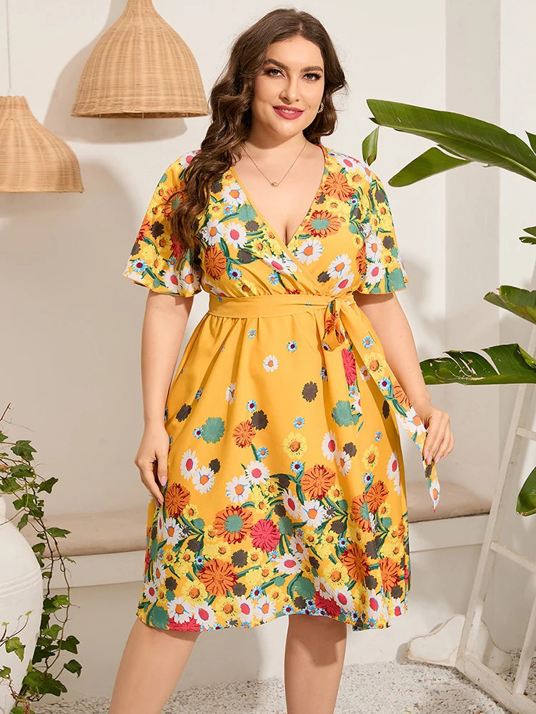 2023 New Women Dress Short Sleeve Summer Woman Beach Dresses Floral Yellow Plus Size Dress V-neck Party Birthday Dress For Women