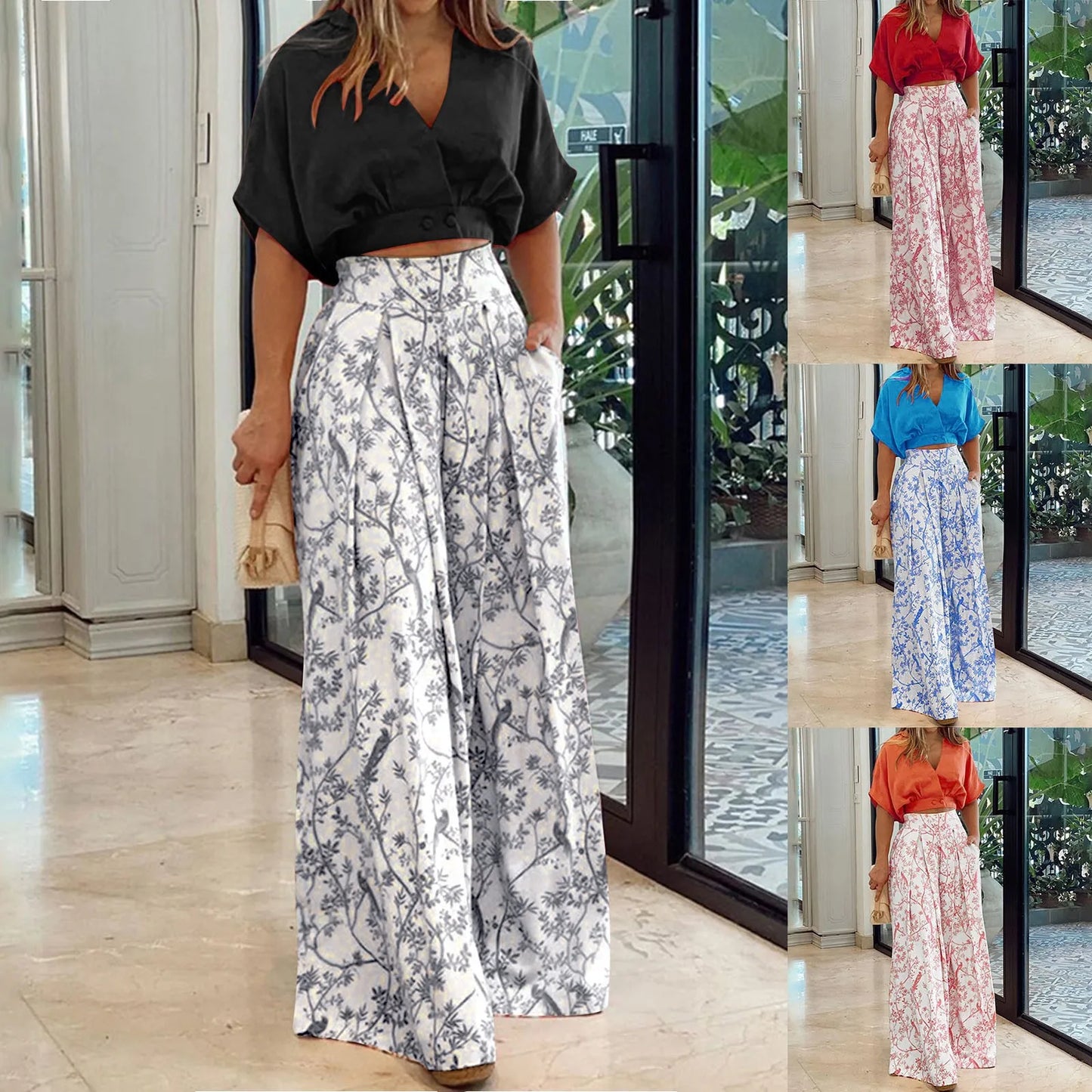 Women Pleated 2 Piece Pants Outfits Casual Loose Button Shirt Blouse Top Long Wide Leg Palazzo Pants Set Jumpsuit Summer Retro