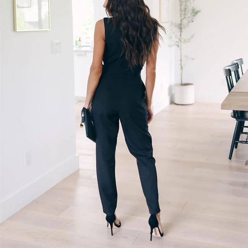 Customized Fashion Lace Women Jumpsuit With Belt Sleeveless Casual V-neck Solid Women Black Jumpsuits Fashion Female Pants