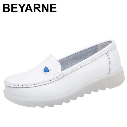 BEYARNE New Women Flat Leather Shoes Casual White Wedge With Soft Bottom Slip On Love Heart Comfortable Mom Nurse Work Shoes