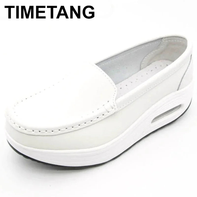 TIMETANG Summer Genuine Leather Women's Shoes Nurse Swing Work all Single star Wedges Women's Shoes Black white Platform C217