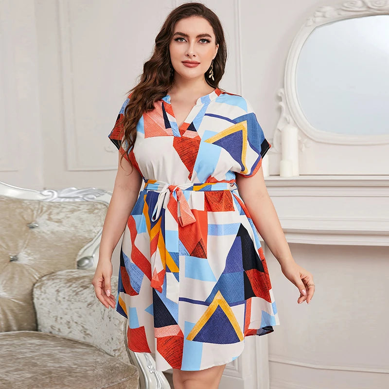 Della Mel Plus Size Dresses Summer Casual Print Elegant Ladies Midi Party Dress Loose Short Sleeve Women's Clothing 3XL 4XL