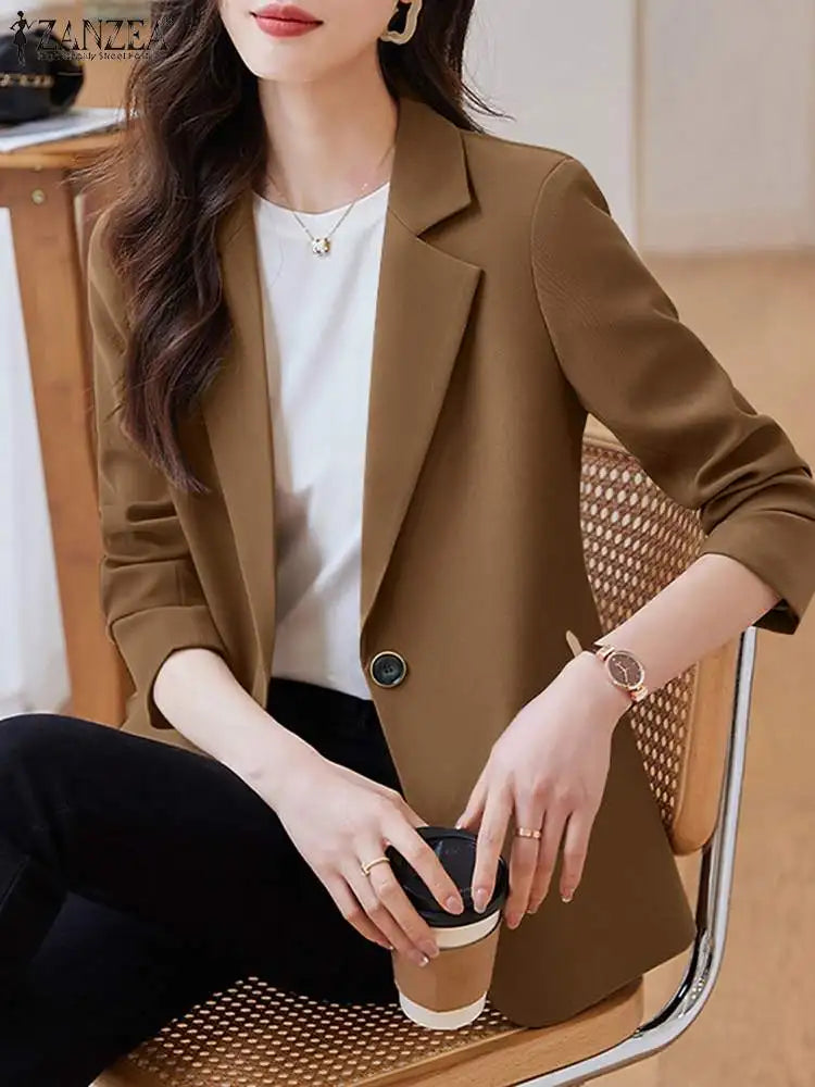 Autumn Fashion OL Work Blazer Women Elegant Suits Outwear Thin ZANZEA Long Sleeve Lapel  Jackets Casual Solid Work Blouse Tops