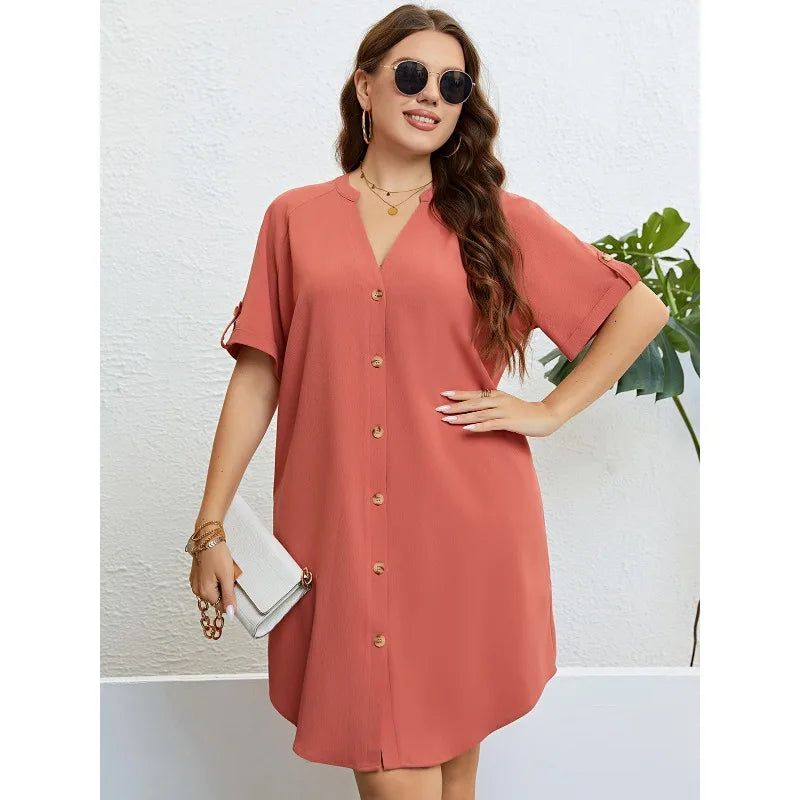 XL-4XL Plus Size Dresses Women Summer Clothing Solid Orange Short Sleeve V Neck Bra Extender Loose Sexy Beach Mini Shirt Dress