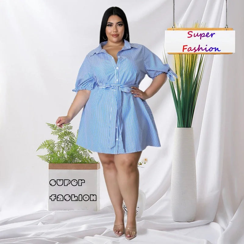 WSFEC XL-5XL Plus Size Dresses for Women 2023 Spring Summer New Fashion Stripe Bandage Loose Casual Midi Shirt Dress Outfits