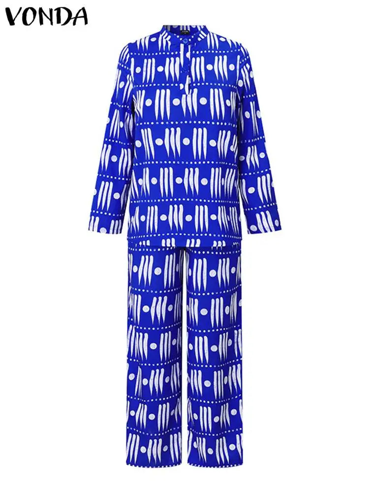 VONDA Women Pants Sets 2024 Bohemian Long Sleeve Blouse Loose Trousers Casual All Over Print Pants Suits 2Pcs Matching Sets