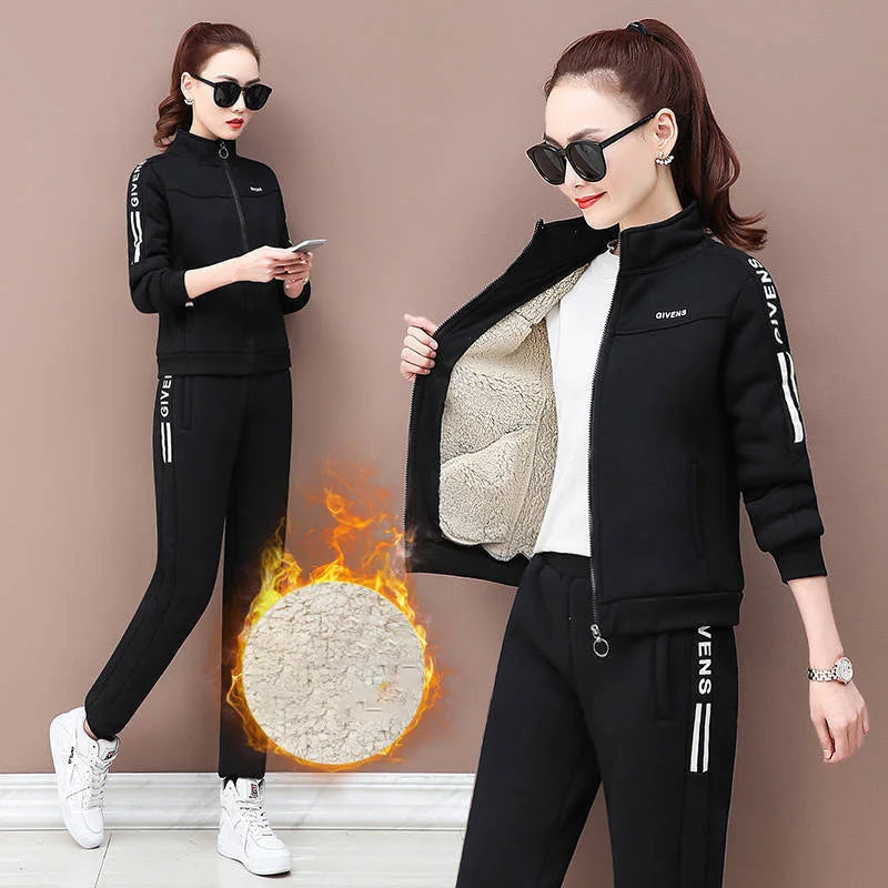 Thickened Lamb Fleece Hoodie Jacket Casual Wide Leg Pants Two Piece Elegant Women's Pants Set Student Winter Outfits