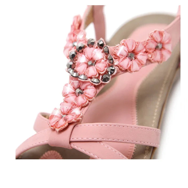 TIMETANGComfortable Flat Heel Sandals Women Large Size Summer Shoes Woman Bohemia Flowers Rhinestone Beach Ladies Shoes