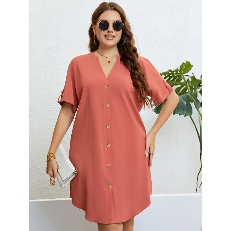 XL-4XL Plus Size Dresses Women Summer Clothing Solid Orange Short Sleeve V Neck Bra Extender Loose Sexy Beach Mini Shirt Dress