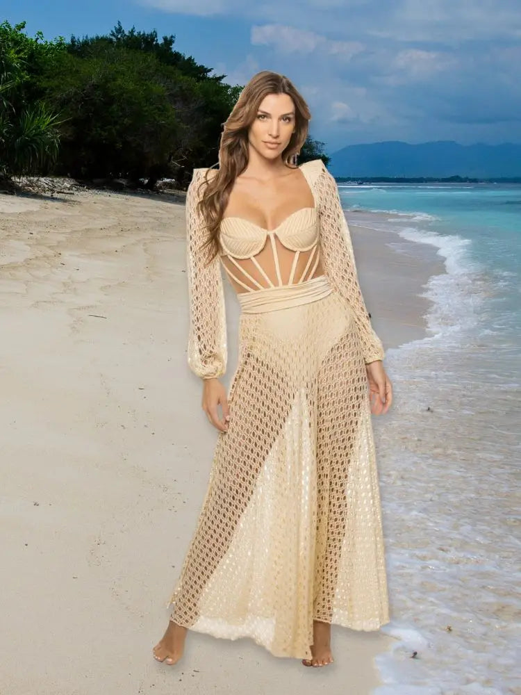 Crochet-knit Maxi Swimsuit Cover Ups for Swimwear Crochet Dress Cutout Stretch-jersey Bikinis 2023 Woman Summer Dress for Beach