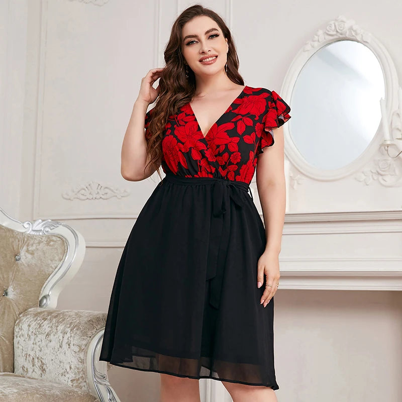 Della Mel Plus Size Fashion Women's Elegant Women Dresses For Women Clothing 2022 Summer Casual Print V Neck A-Line Short Dress