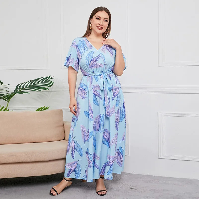 XL-5XL Summer Beach Printing Sexy Dresses Plus Size Women Clothing Short Sleeve V Beck Bandage Casual Loose Elegant Long Dress