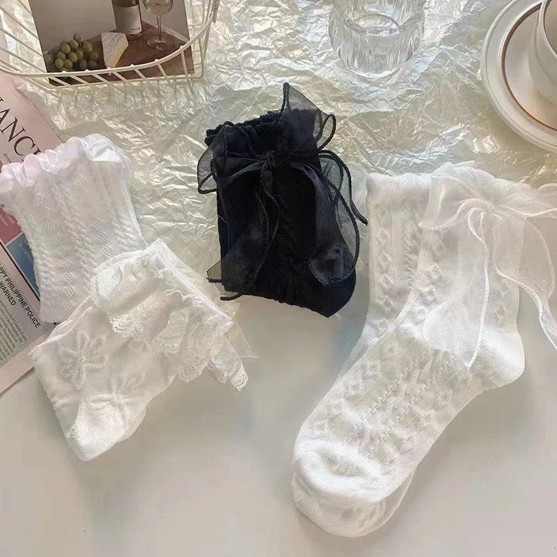 Woman Socks Solid Black White Lolita Lacework Ruffle Socks Summer Thin Japanese Style Kawaii Sweet Girls Cute Short Socks Women