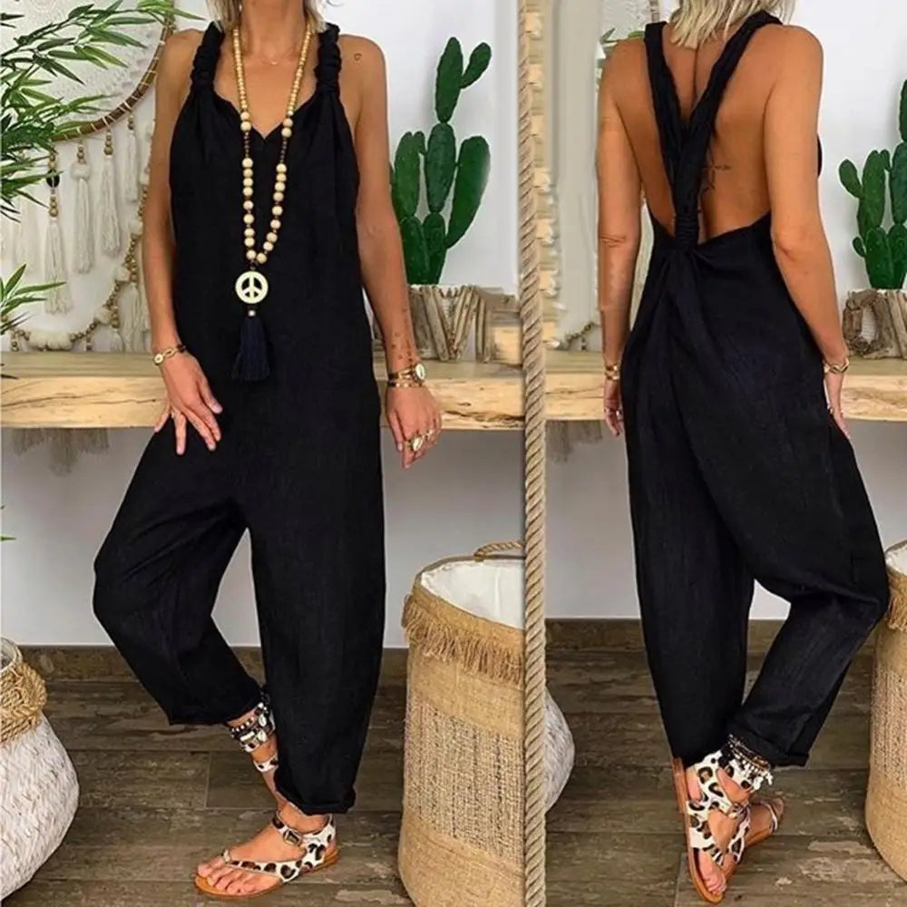 Women Backless Dungarees Solid Color Sleeveless Jumpsuit Overall Bib Knotted Dungarees