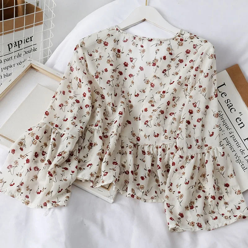 Chiffon Floral Blouses For WomenSoft Retro Chic Ladies Shirts Temperament Fresh Popular Trendy Ulzzang Button Femme Clothing