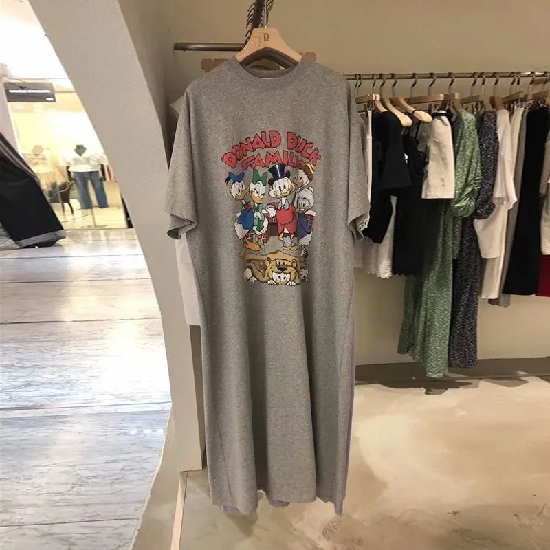 Brand Trend  Summer New Women Dress Mickey Mouse Cartoon Loose Short-sleeved Over-the-knee Long T-shirt Skirt