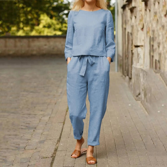 Women's Comfortable Loose Cotton Linen Suit Casual Vintage Solid Color Top And Drawstring Wide Leg Long Pants Two Piece Set