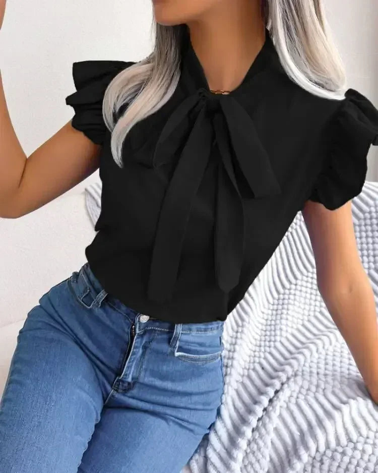 Women's Summer Solid Color Office Shirt Ladies Fashion Simple Bowknot Ruffles Sleeve Blouses Tops Women  Elegant Shirts