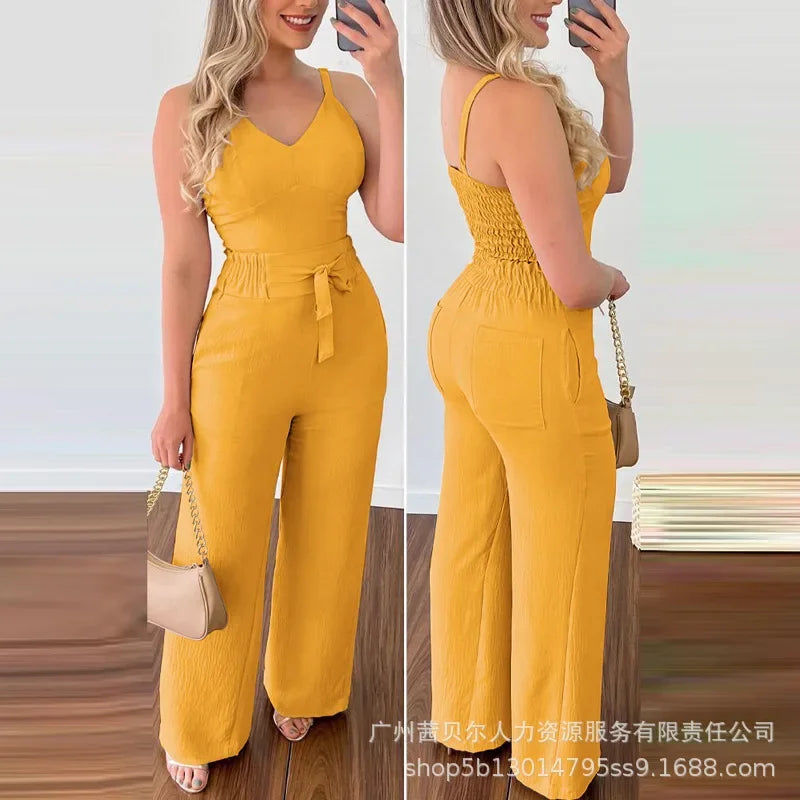 Women's Solid Color Slim Elastic Pleated Two-Piece Suit Sexy Spaghetti Strap V-neck Backless Vest High Waist Wide Leg Pants Suit