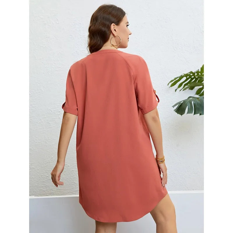 XL-4XL Plus Size Dresses Women Summer Clothing Solid Orange Short Sleeve V Neck Bra Extender Loose Sexy Beach Mini Shirt Dress