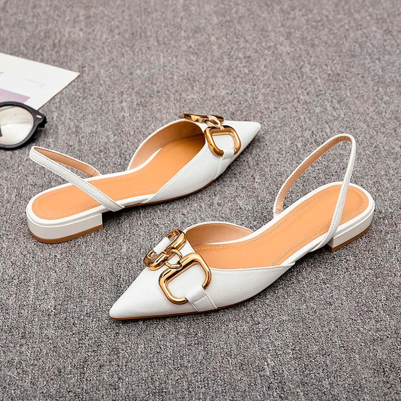 2024 summer new low heel metal buckle ladies fairy pointy thick heel women's sandals half slipper women